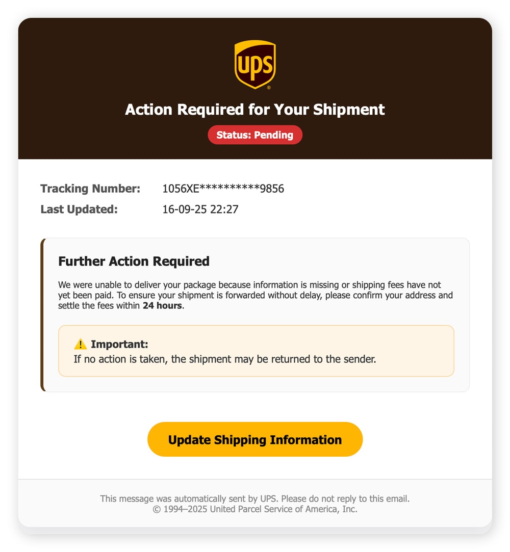 A screenshot showing an example of a UPS phishing email.