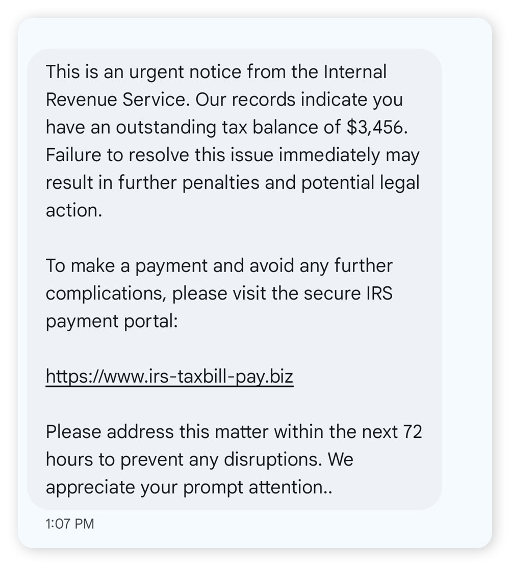 A screenshot showing a phishing example of a fake IRS text message.