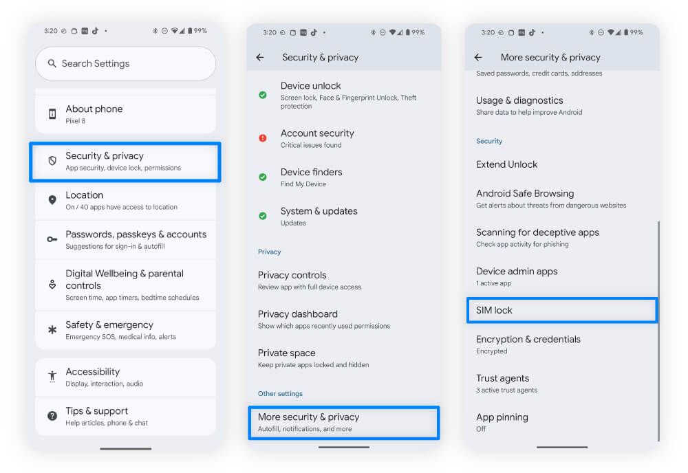 Screenshots showing users how to lock their SIM on Android phones.