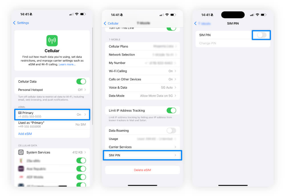 Screenshots showing users how to lock their SIM on iPhones.