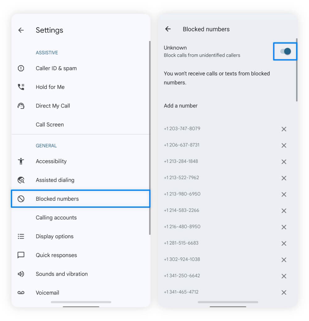 Screenshots showing users how to block numbers on Android phones.