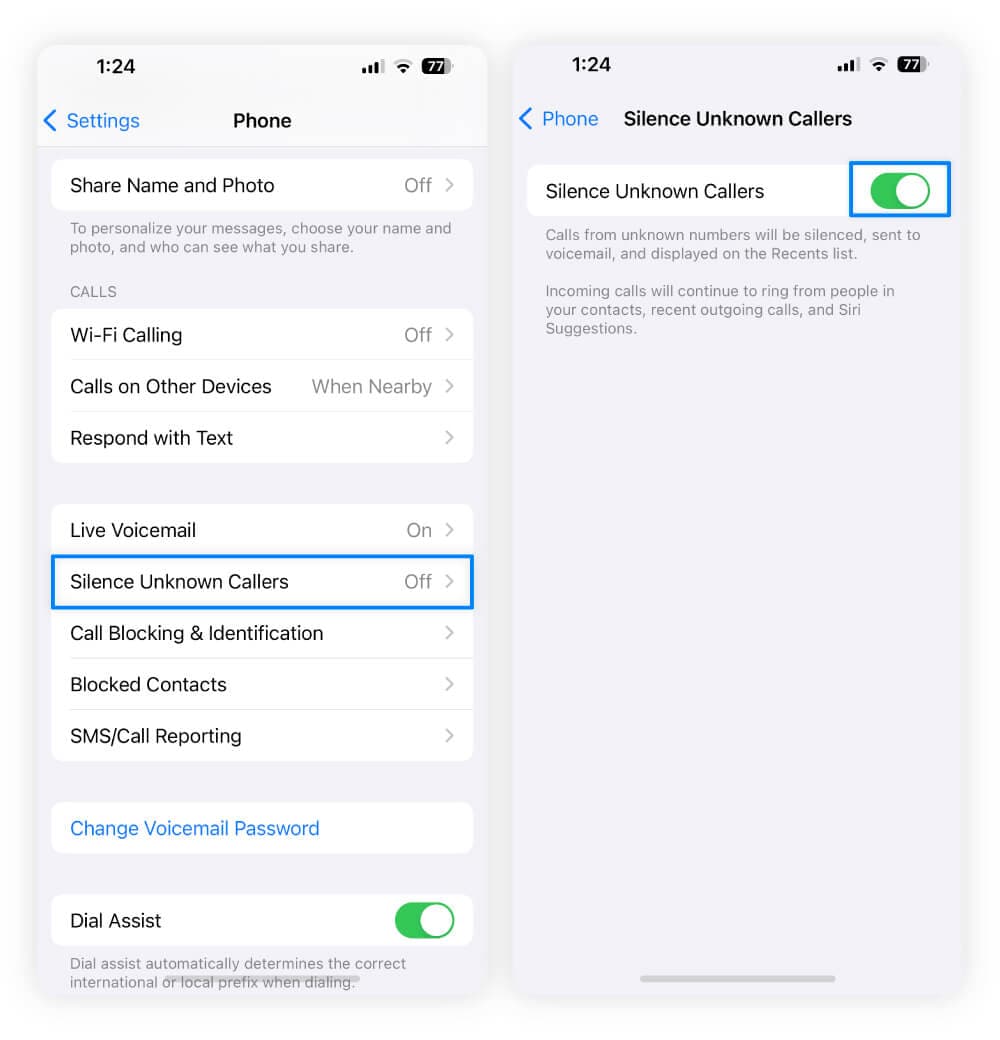 Screenshots showing how to silence unknown calls on iPhones.