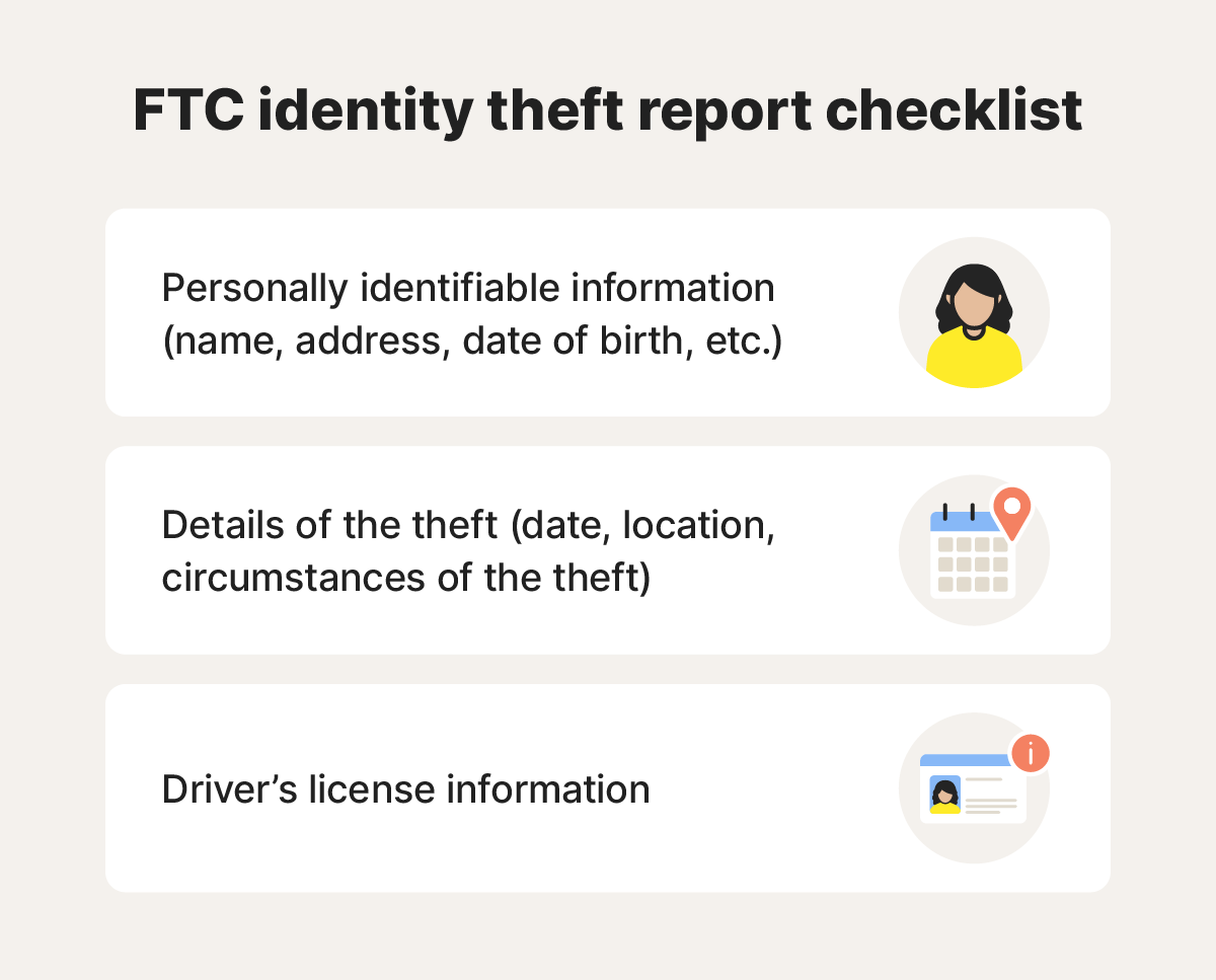 A checklist of information needed to submit an identity theft report regarding a stolen driver’s license number to the FTC.