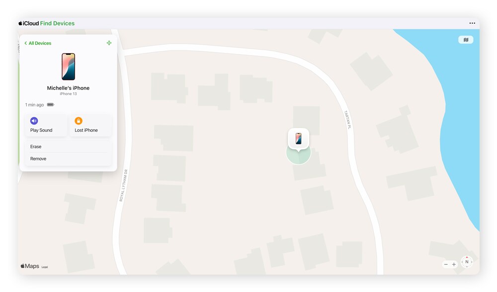 A screenshot of Find My iPhone on a computer, demonstrating how to find a lost iPhone.