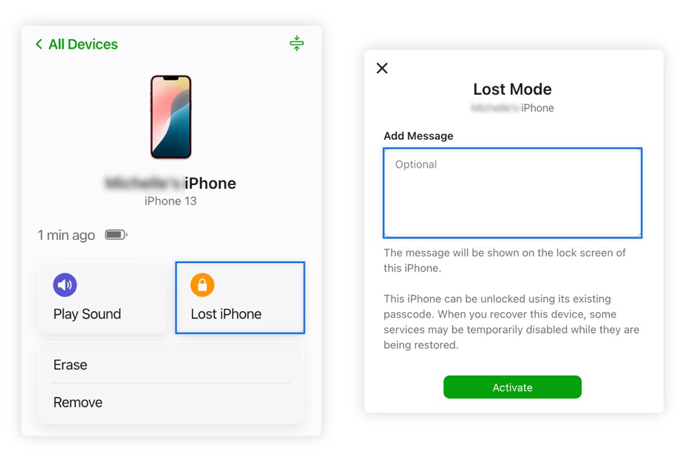 Screenshots showing how to lock your iPhone using the Find My app.