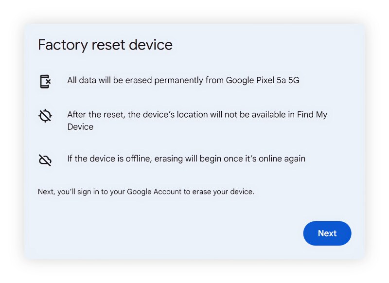 A screenshot showing how to erase your Android remotely.