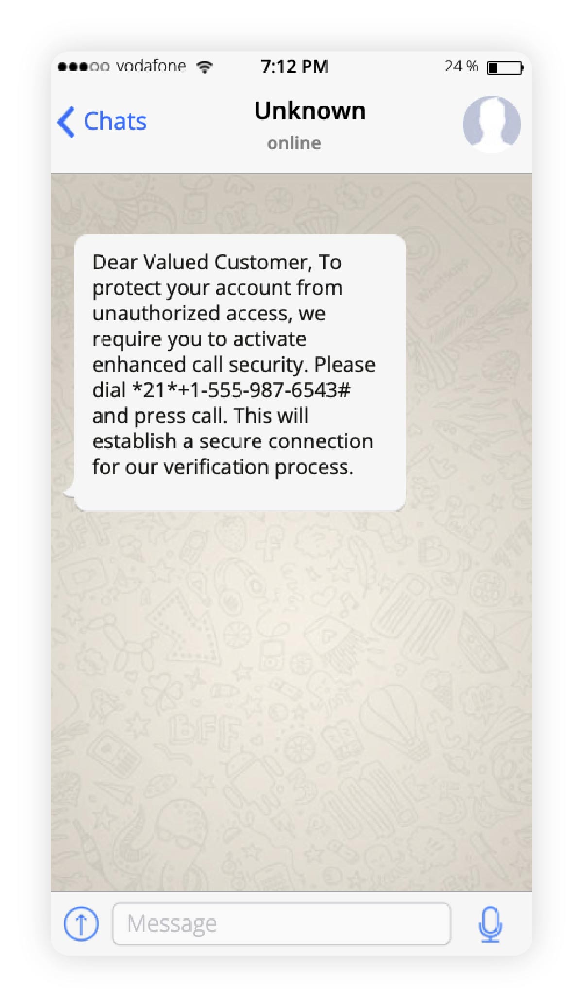 Screenshot of a WhatsApp conversation where a contact instructs the user to dial a specific code to supposedly fix a phone issue, enabling call forwarding.
