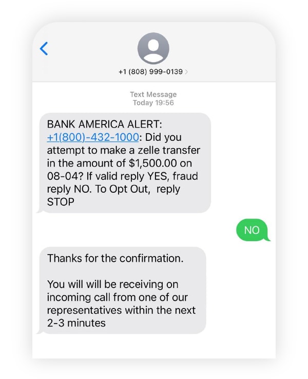 An image shows a Zelle account takeover scam via text messaging.